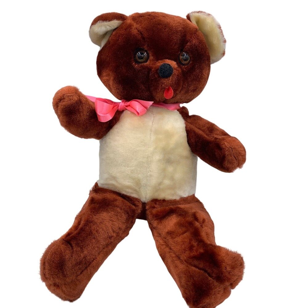 Vintage Rushton Company Teddy Bear 22" Brown & Cream Plush Pink Bow 1950s/60s
